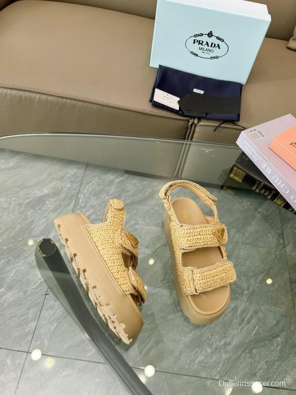 2025 Women Prada Beige Braided Leather Platform Sandals LY00300