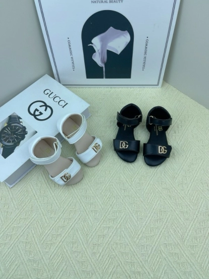 2025 Kids Dolce & Gabbana White Black Leather Sandals DG