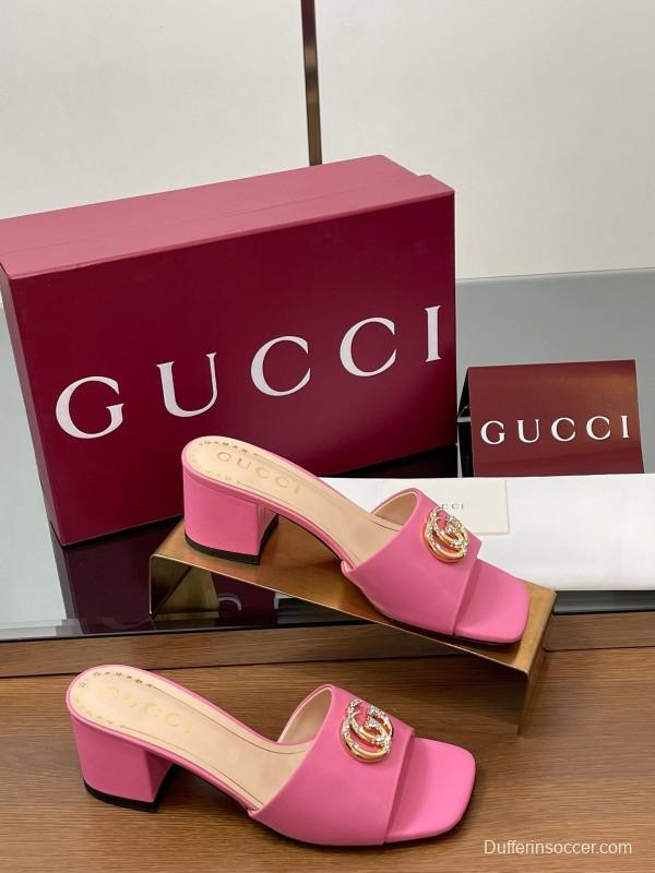2025 Women Gucci Pink Lambskin Mid Heel Crystal GG Buckle Slide LY00280