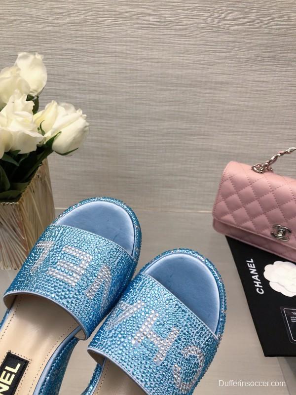 2025 Women Chanel Blue Fabric Platform Slippers LY00320