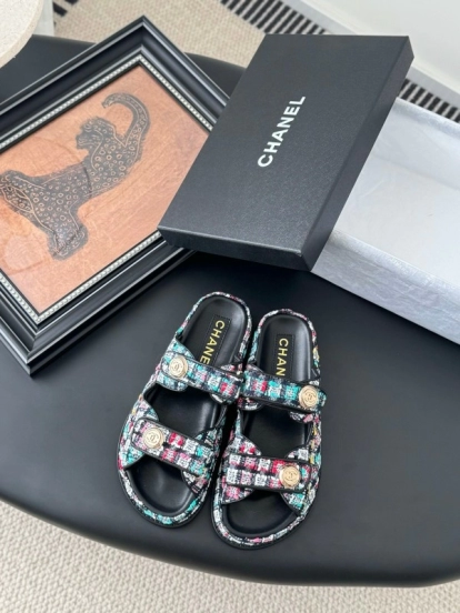 2025 Women Chanel Multi Color Fabric Leather Sandals LY00310