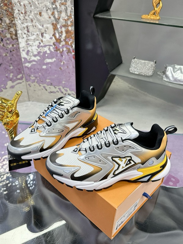 2025 Men Louis Vuitton Gradient Yellow White Leather Mesh Sneakers MJ00420