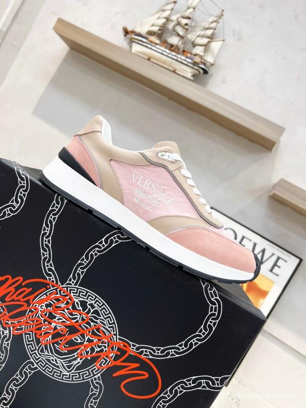 2025 Women VERSACE Pink Beige Suede Leather Sneakers Embroidery LY00320