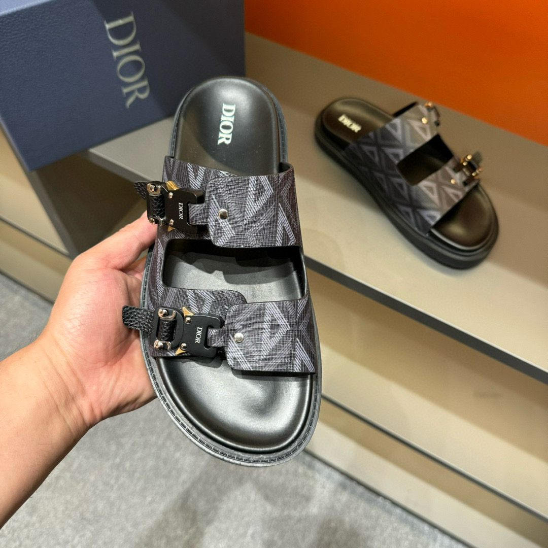 2024 Men Dior Black Grey Canvas Leather Slippers MJ00200