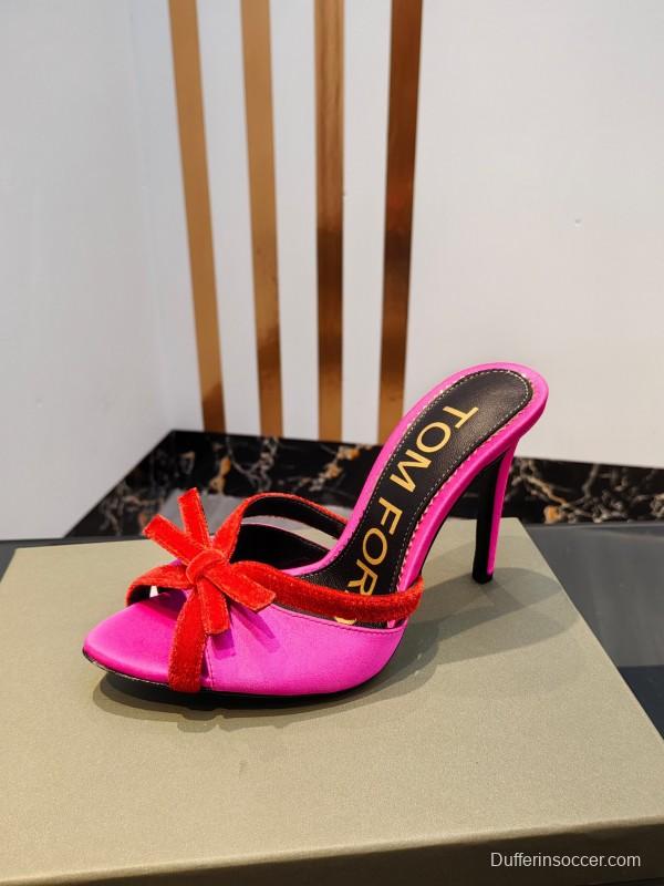 2025 Women TOM FORD Pink Red Silk Velvet High Heel Mules KFY00290