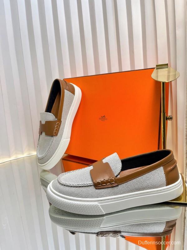 2025 Unisex Hermès White Brown Leather Fabric Loafers