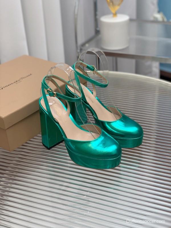 2025 Women Gianvito Rossi Metallic Green Leather Platform Sandals