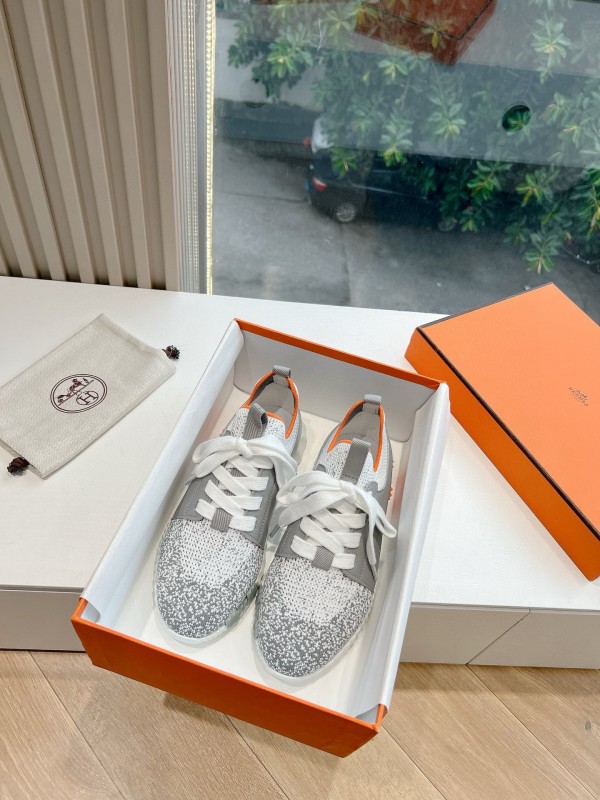 2024 Unisex Hermès Gray White Orange Calfskin Suede Sneakers MJ00290