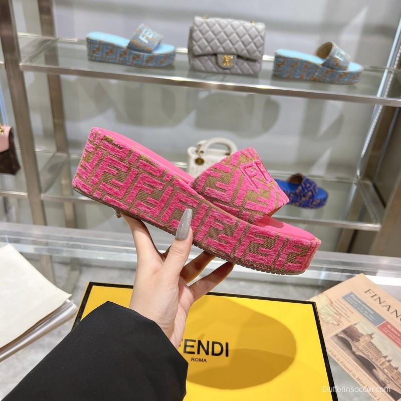 2025 Women Fendi Pink Canvas Slippers FF Jacquard KFY00240