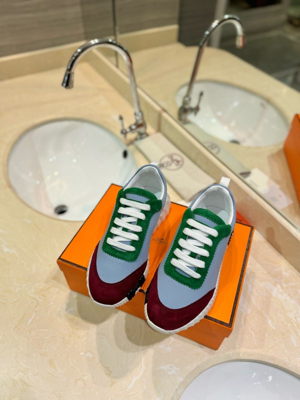 2024 Unisex Hermès White Green Burgundy Imported Silk Suede Casual Sneakers MJ00320