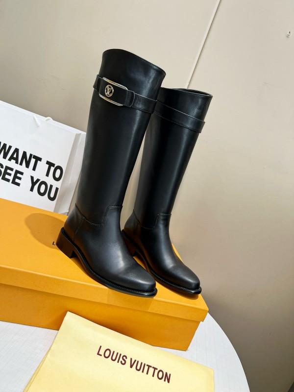 2024 Women Louis Vuitton Black Full Grain Leather Knee High Boots MJ00400
