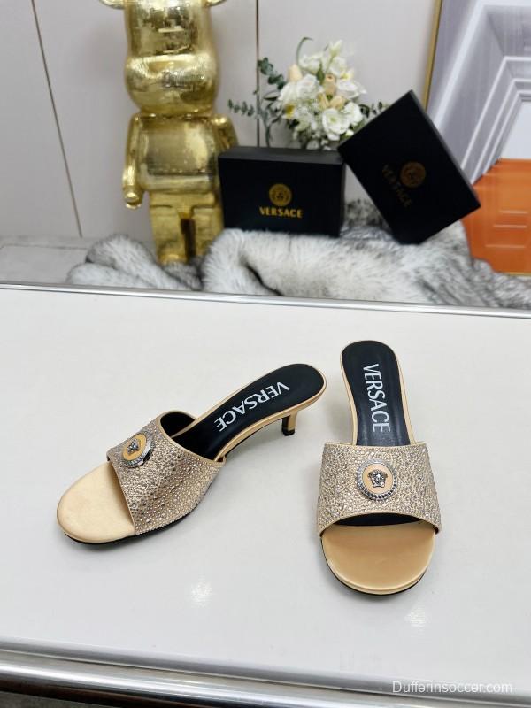 2025 Women VERSACE Gold Silk Rhinestone Heeled Sandals