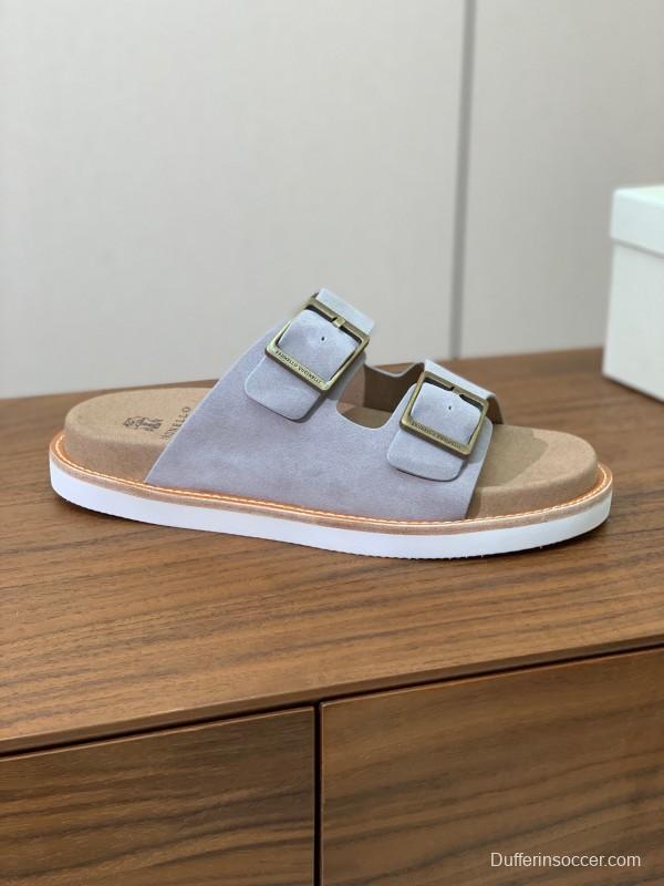 2025 Unisex Brunello Cucinelli Light Grey Suede Casual Sandals With Adjustable Buckles KFY00250