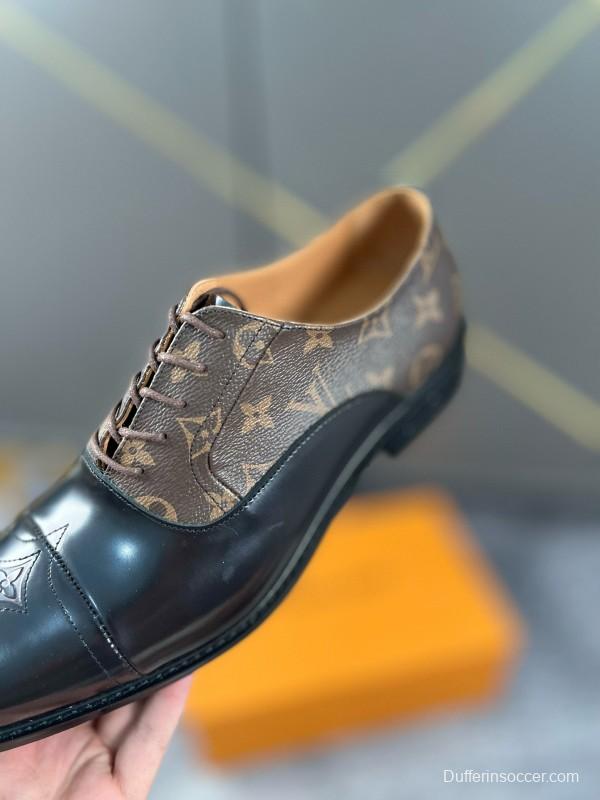 2024 Men Louis Vuitton Brown Black Leather Canvas Oxford MJ00380