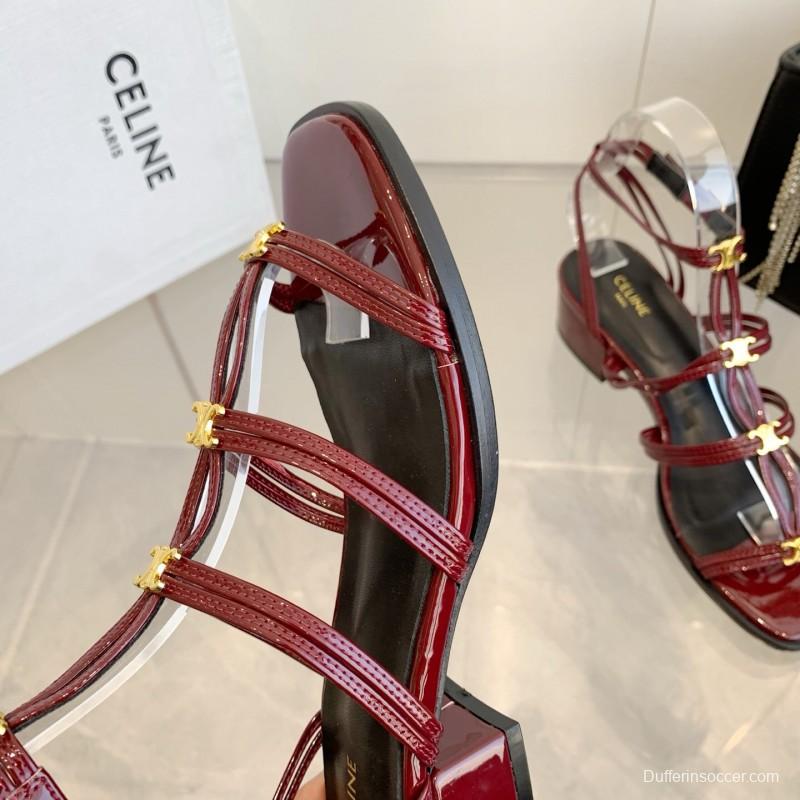 2025 Women Celine Burgundy Patent Leather Sandals KFY00300