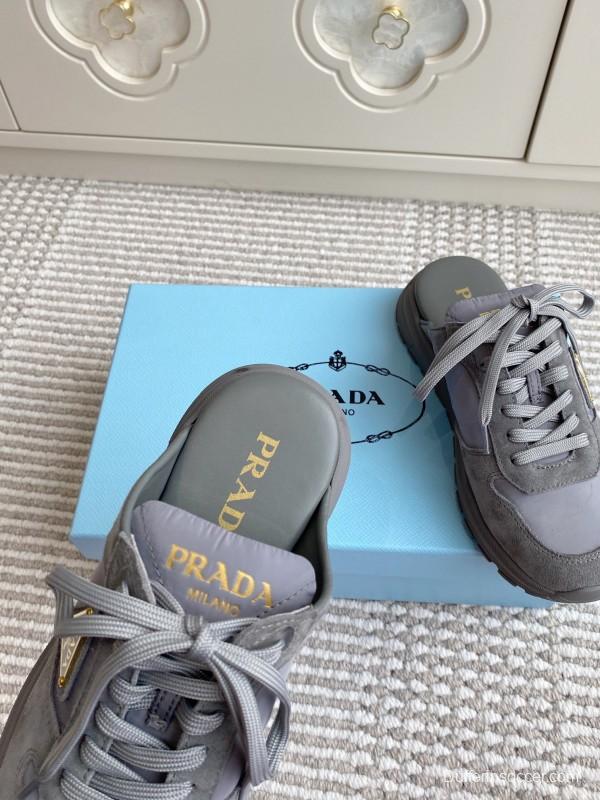 2025 Women Prada Grey Suede Nylon Sneakers LY00290