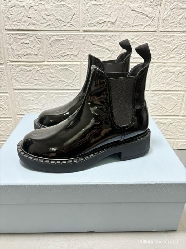 2024 Unisex Prada Black Patent Calf Leather Cowhide Leather Ankle Boots MJ00380
