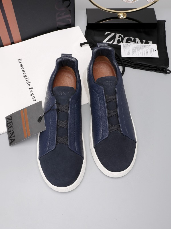 2024 Men Ermenegildo Zegna Navy Blue Leather Suede Low Top Sneakers MJ00240