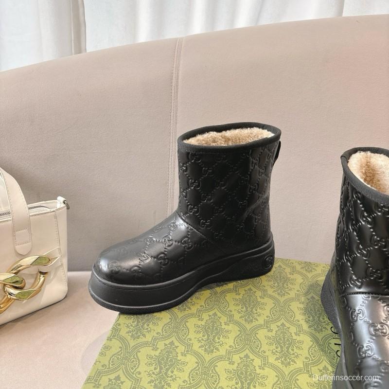 2024 Women Gucci Black Leather Suede Shearling Snow Boots MJ00350