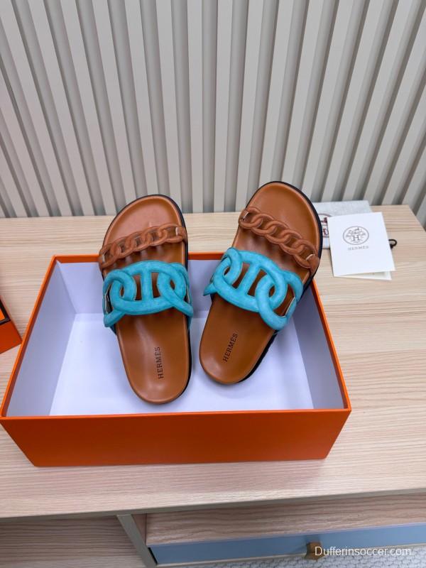 2025 Slippers Hermès Blue Brown Leather Slippers