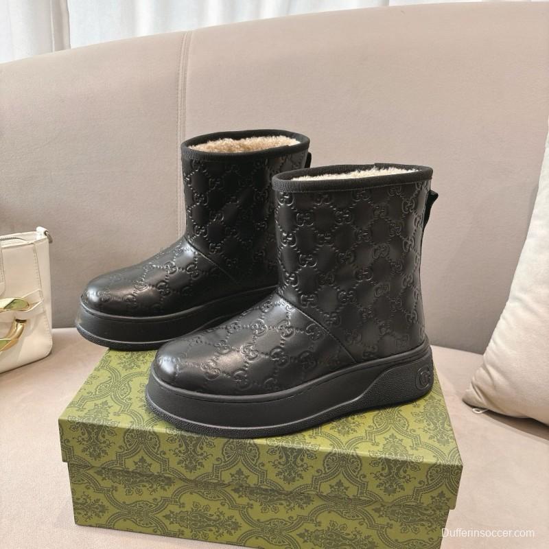 2024 Women Gucci Black Leather Suede Shearling Snow Boots MJ00350