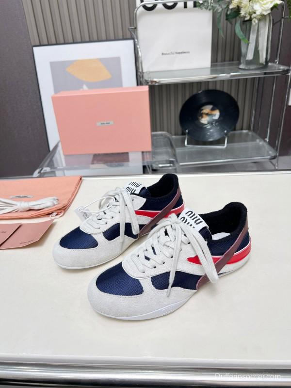 2025 Women Miu Miu Navy White Red Suede Fabric Sneakers LY00