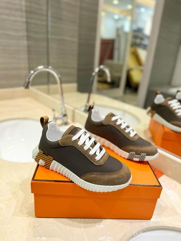 2024 Unisex Hermès Brown Khaki Mesh Suede Sneakers