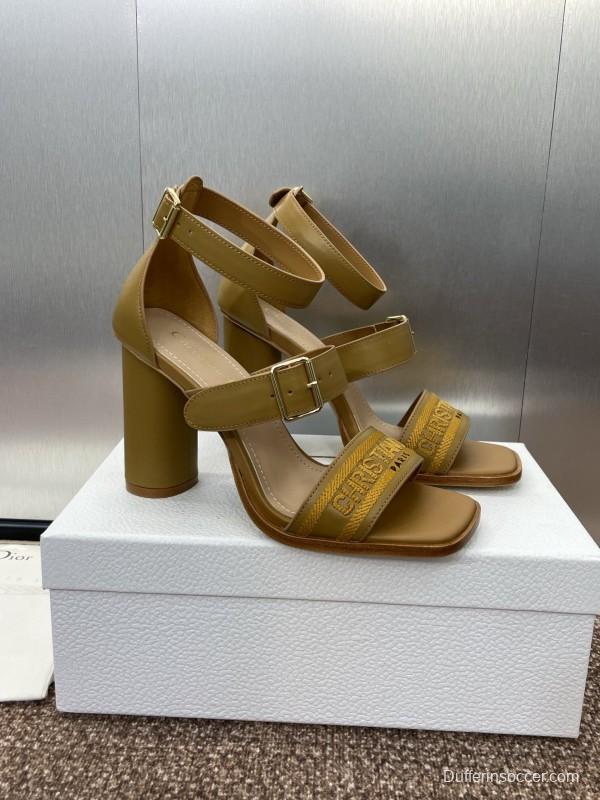 2025 Women Dior Yellow Leather Embroidered High Heel Sandals