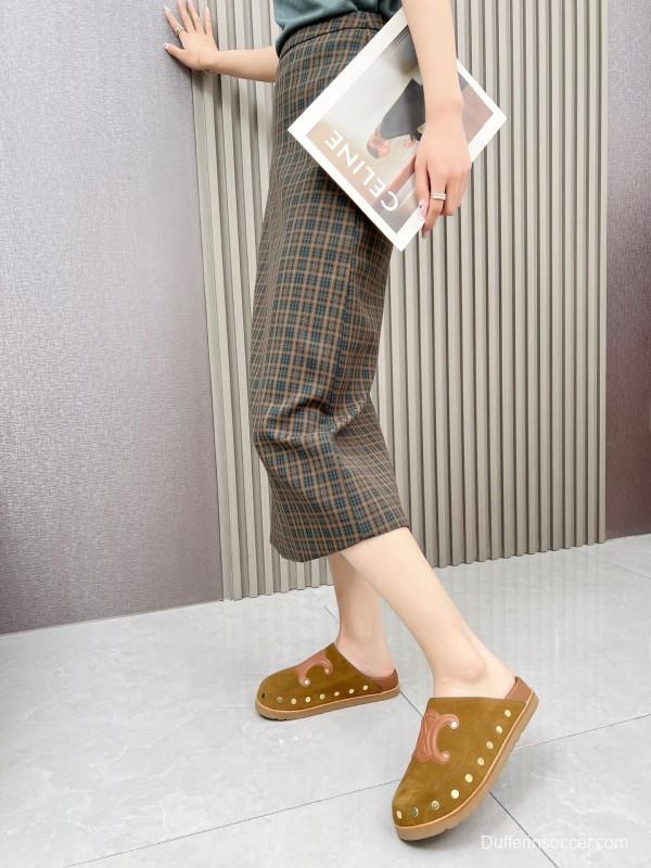 2025 Slippers Celine Brown Pink Suede Leather Studded LY00240