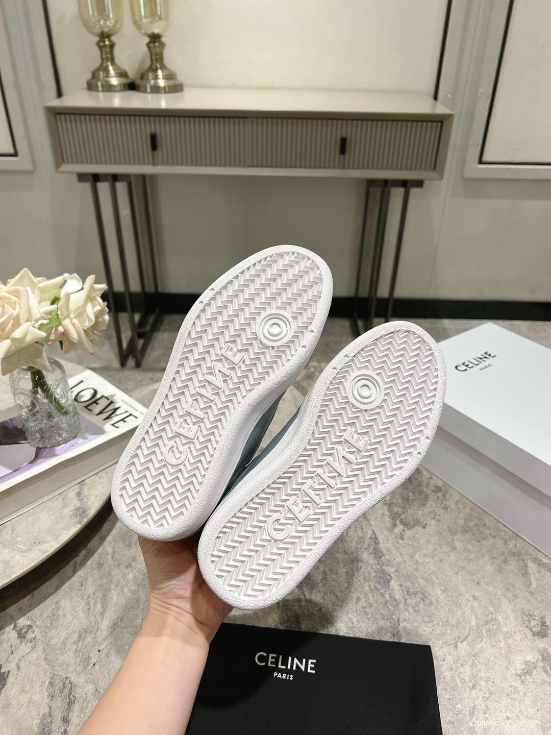 2025 Women Celine White Light Blue Leather Sneakers