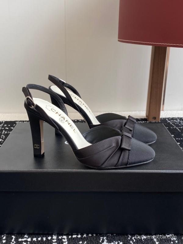 2025 Women Chanel Black Satin Leather High Heels Bow Slingback KFY00289