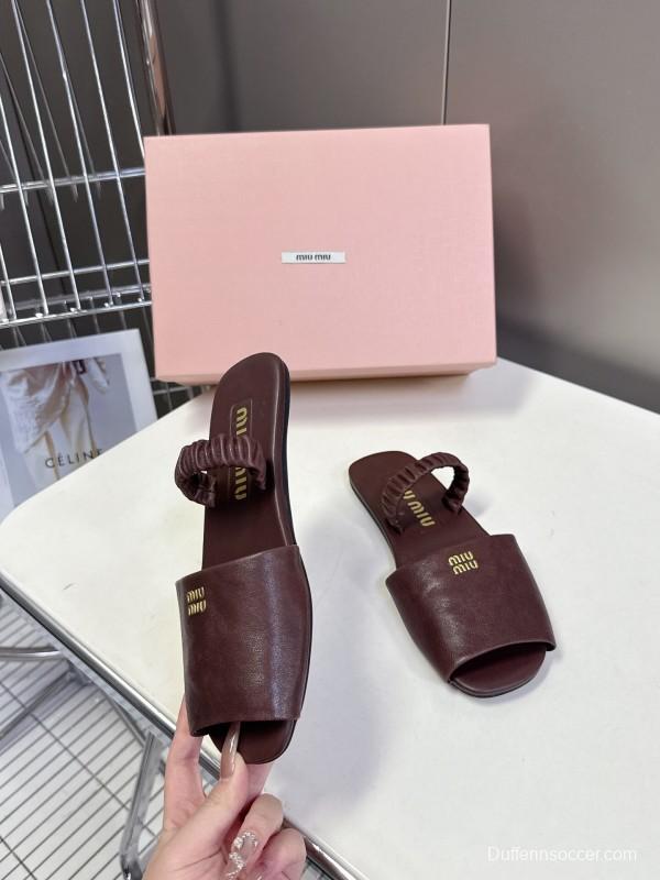 2025 Slippers Miu Miu Brown Leather Slippers LY00