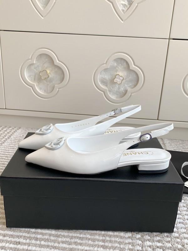 2025 Women Chanel White Leather Slingback Pointed Toe Heart Double C KFY00300