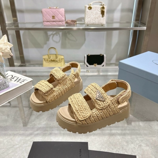 2025 Women Prada Beige Woven Leather Platform Sandals