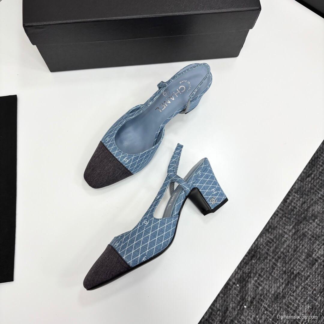 2025 Women Chanel Blue Grey Denim Leather Slingback Shoes