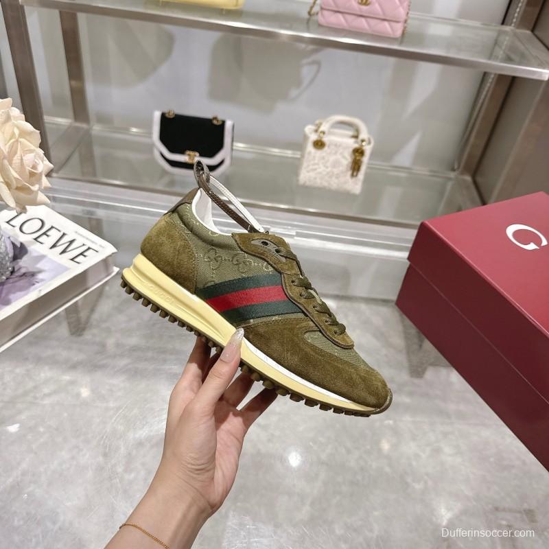 2025 Women Gucci Khaki Green Red Suede Mesh Sneakers LY00340