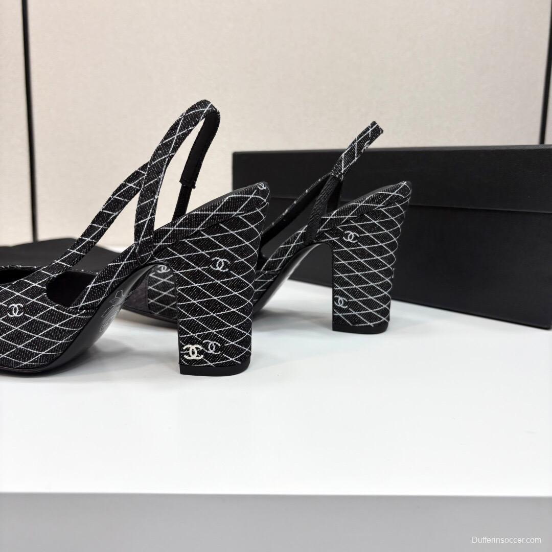 2025 Women Chanel Black Grey Fabric Slingback Heels LY00270