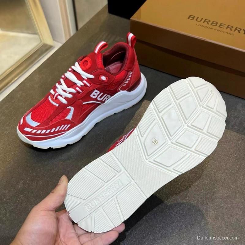 2025 Unisex Burberry Red Suede Leather Mesh Platform Sneakers MJ00380