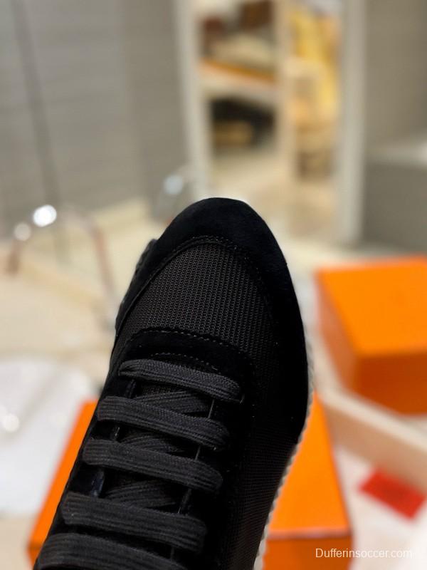 2024 Unisex Hermès Black Imported Silk Glazed Calf Suede Synthetic Fabric Sneakers MJ00320