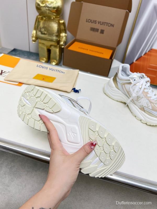 2025 Women Louis Vuitton White Beige Mesh Leather Sneakers LY00340