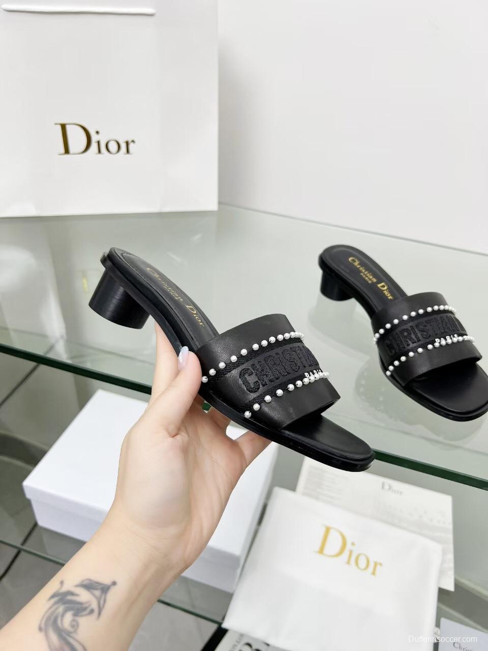 2025 Women Dior Black Leather Mules Pearl LY00210