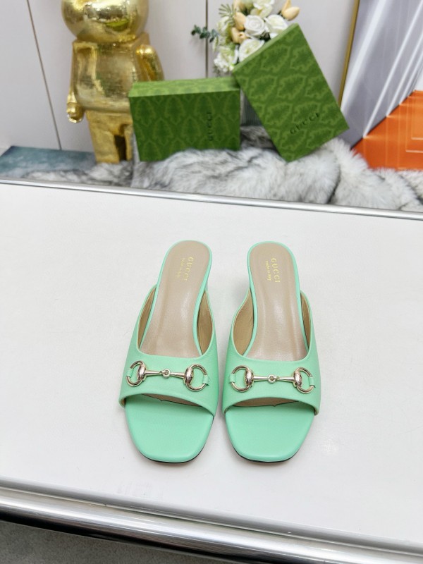 2025 Women Gucci Green Leather Heeled Slippers MJ00180