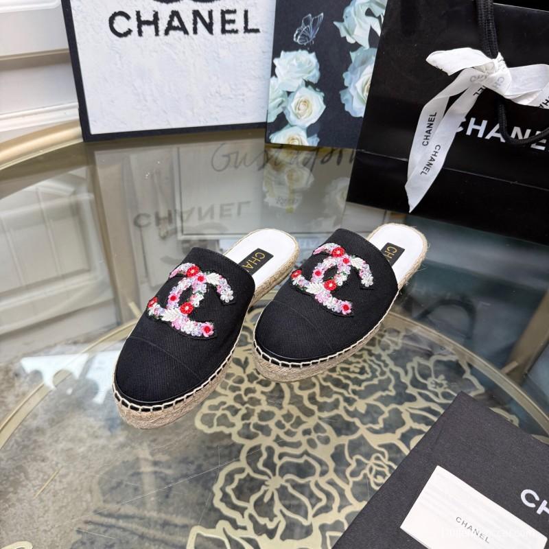 2025 Women Chanel Black Canvas Espadrille Sequins Mule
