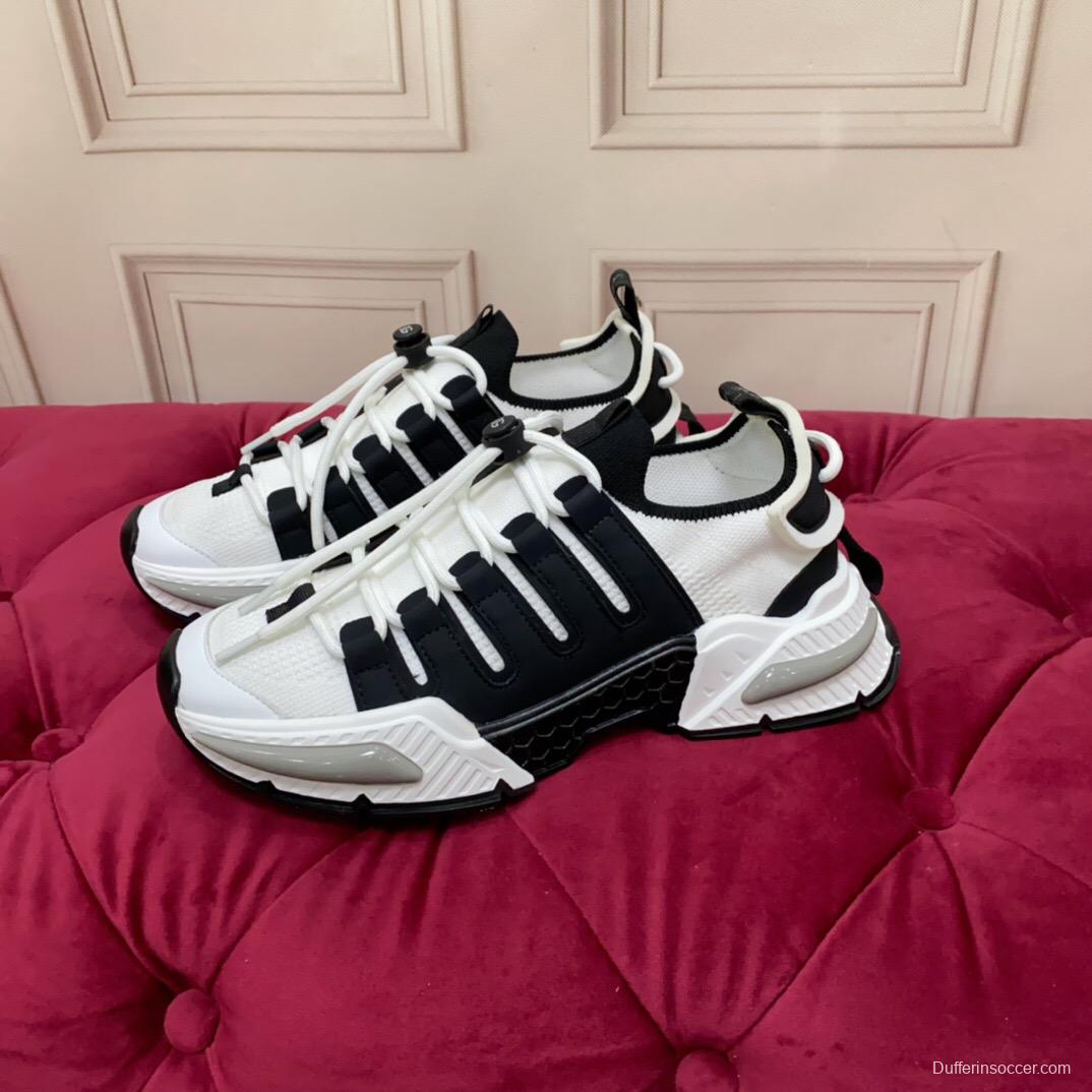 2025 Unisex Dolce & Gabbana Black White Mesh Leather Sneakers LY00340