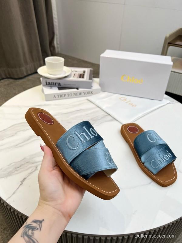 2025 Women Chloé Blue Denim Leather Slippers LY00200