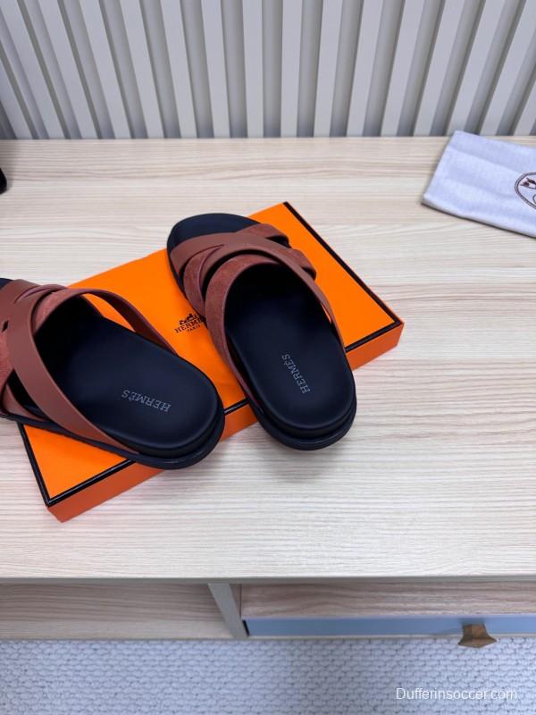 2025 Men HERMÈS Brown Leather Sandals