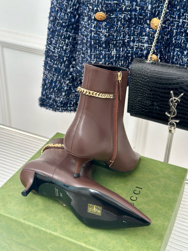 2024 Women Gucci Brown Calfskin Ankle Boots Chain Detail MJ00410