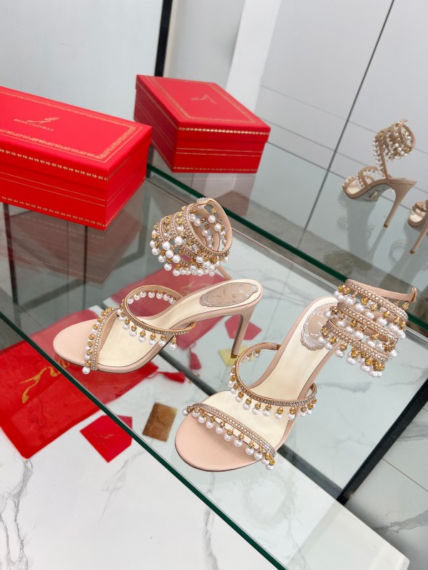 2025 Women RC Champagne Leather Crystal Pearl High Heel Sandal LY00360