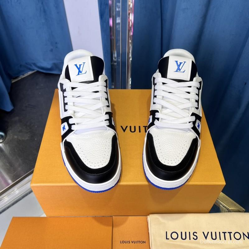 2025 Unisex Louis Vuitton Black White Blue Leather Plimsolls Stitching LV Trainer