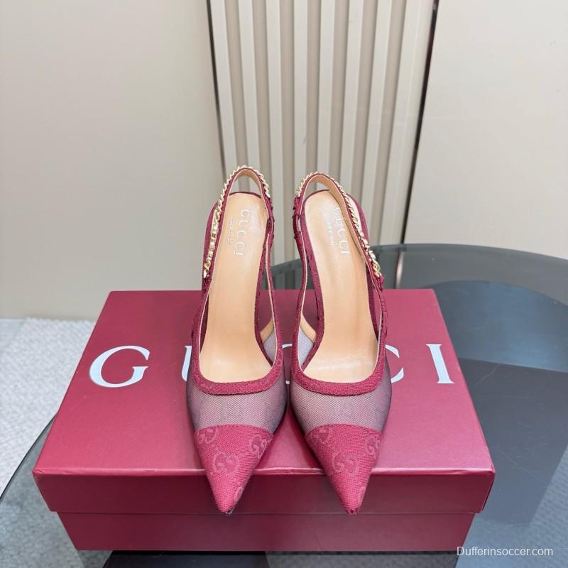 2025 Women Gucci Burgundy Mesh Chain Detail Slingback Pumps KFY00300(F)